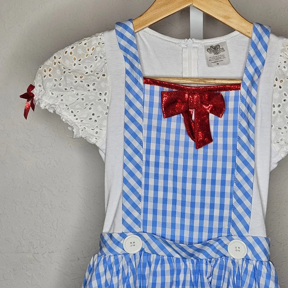 Wizard of Oz Dorothy Costume Dress Girls Medium Blue Gingham Eyelet Lace Spirit